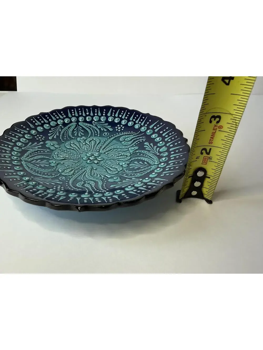 Handmade Blue Turquoise Ceramic Pottery Wall Plate Signed 7.5” Floral Art